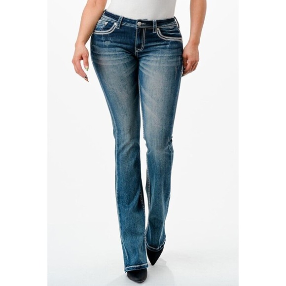 Grace in LA Women's Cross Embroidered Blue Stonewashed Bootcut Stretch Jeans - Picture 2 of 3